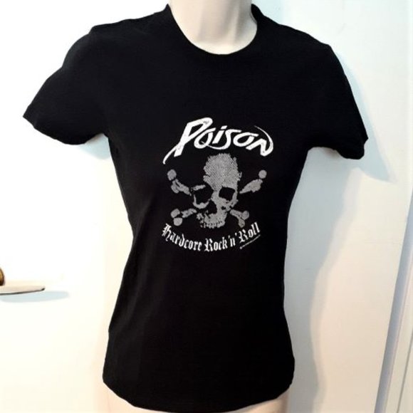 POISON Hardcore Rock 'N' Roll Skull & Crossbones Glitter T-Shirt Small 2006 - Picture 2 of 5